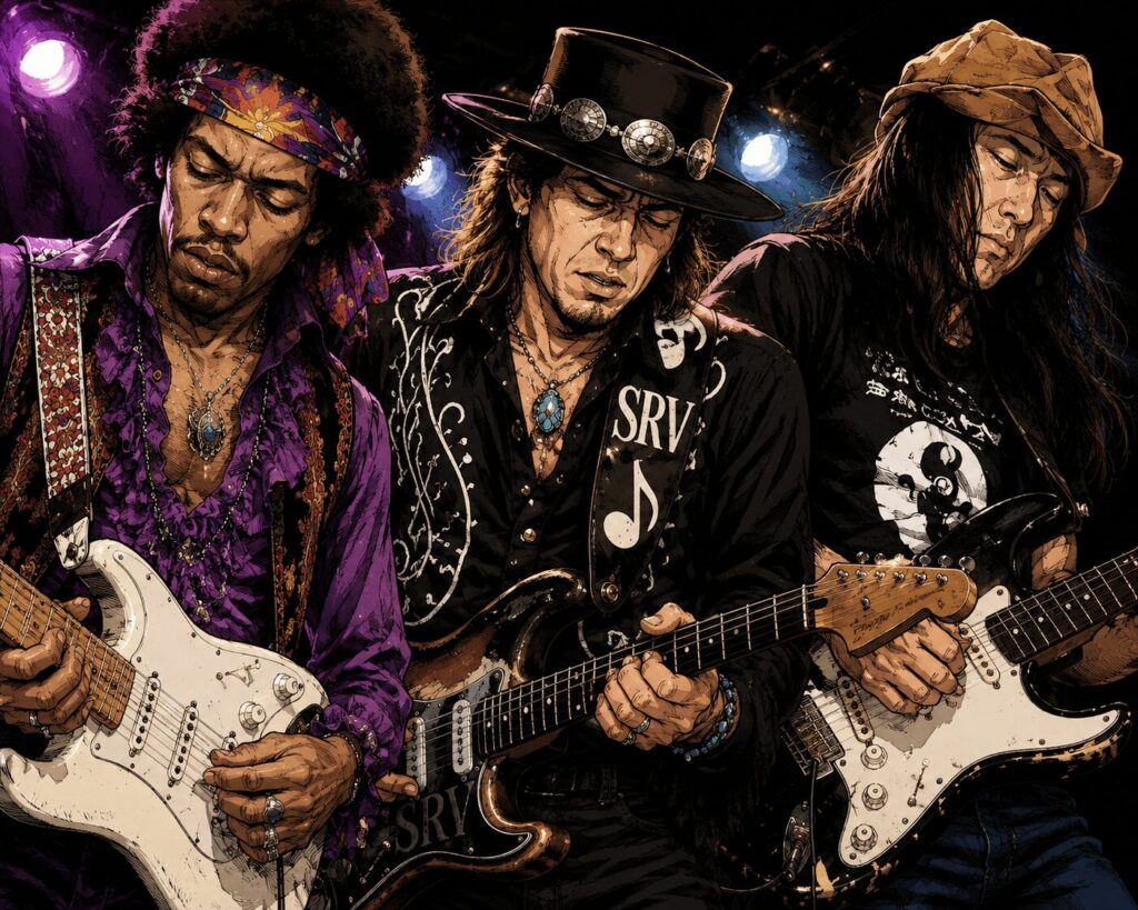 ジミヘンドリックス、SRV、原マサシがギターをひいているところ。 この場面は合成です。生きた時代が異なります。あり得ない構図ですが、筆者が切望する夢の共演です。