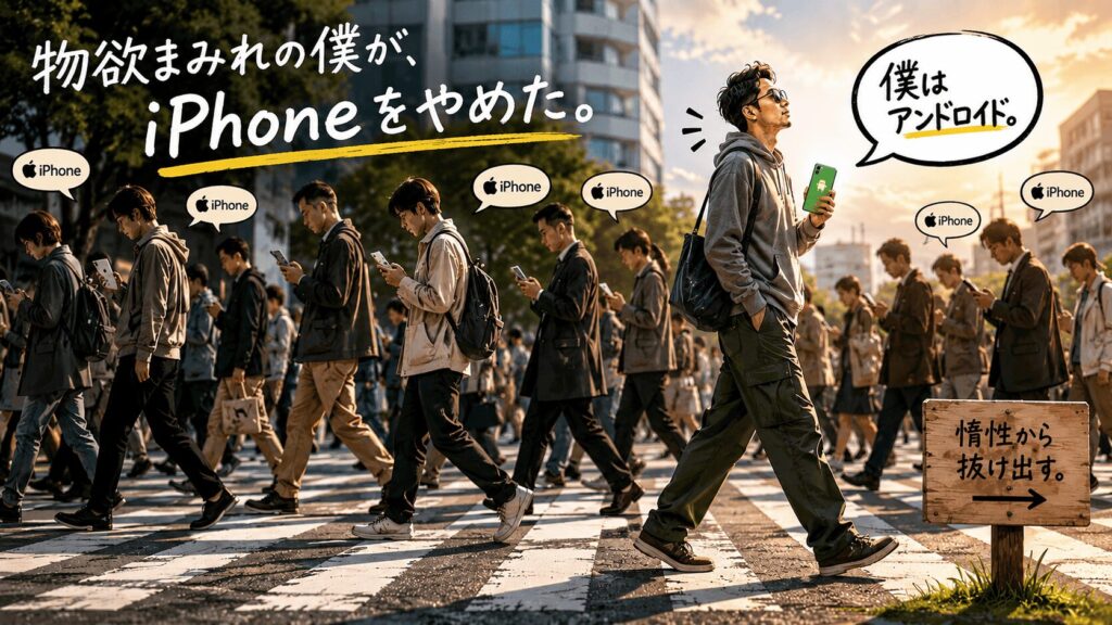 iPhoneを使う人は左へ。アンドロイドを使う人は右へ進む。