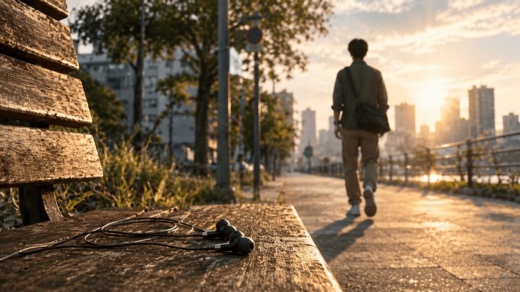 イヤホンを置いて歩きだす男性