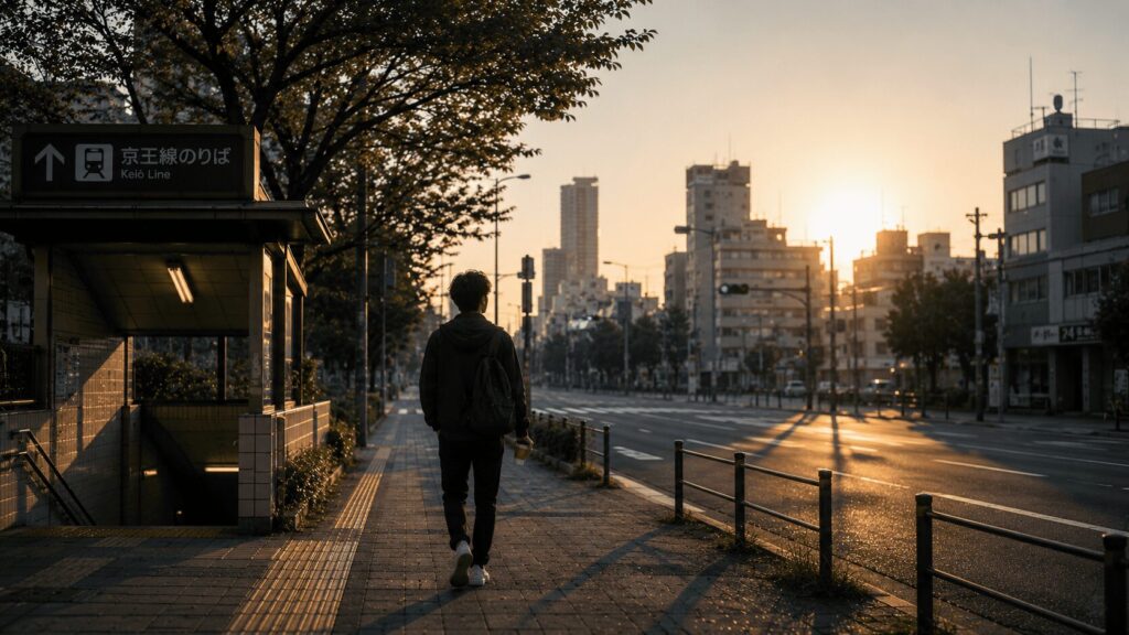 京王線には乗らず、歩いて移動する男性