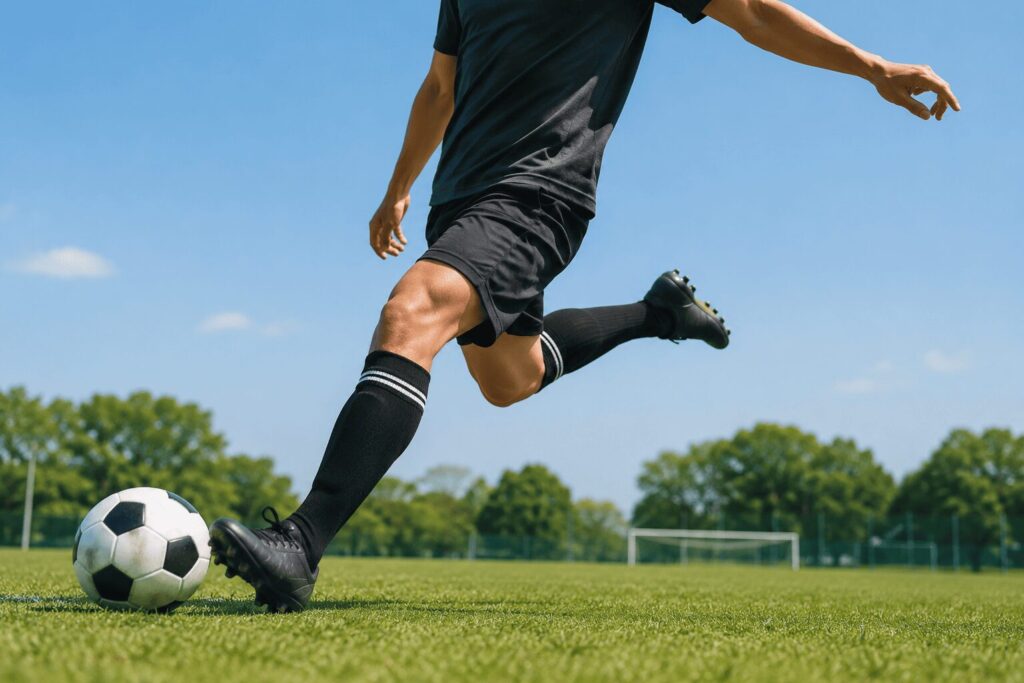 利き足である右足でシュートする男性