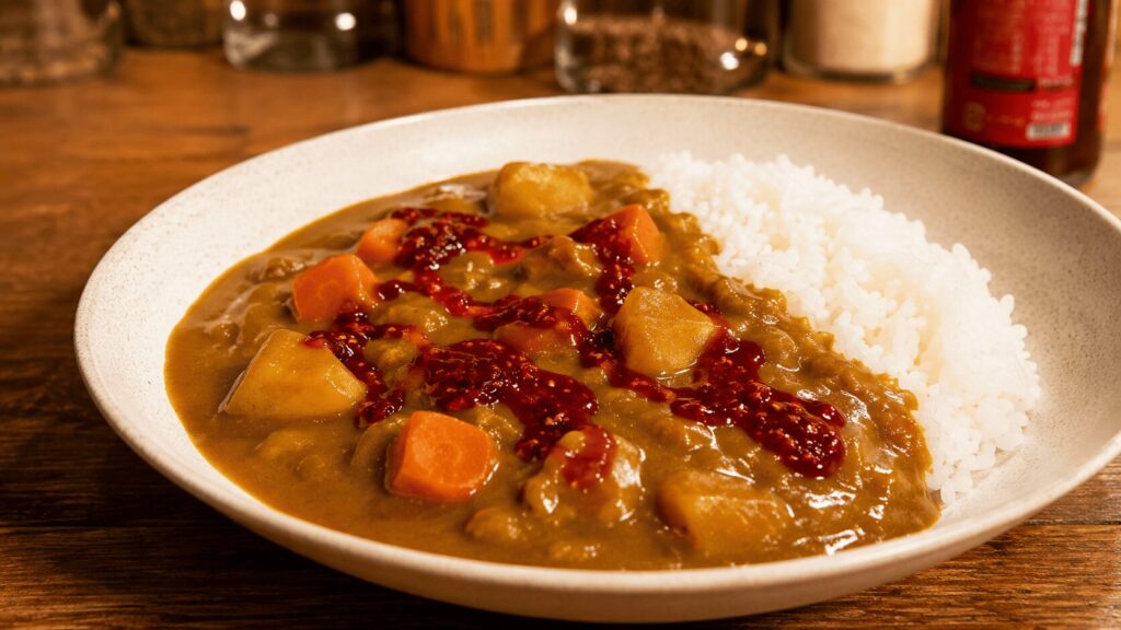 甘口のカレーに激辛のたれをかけた様子